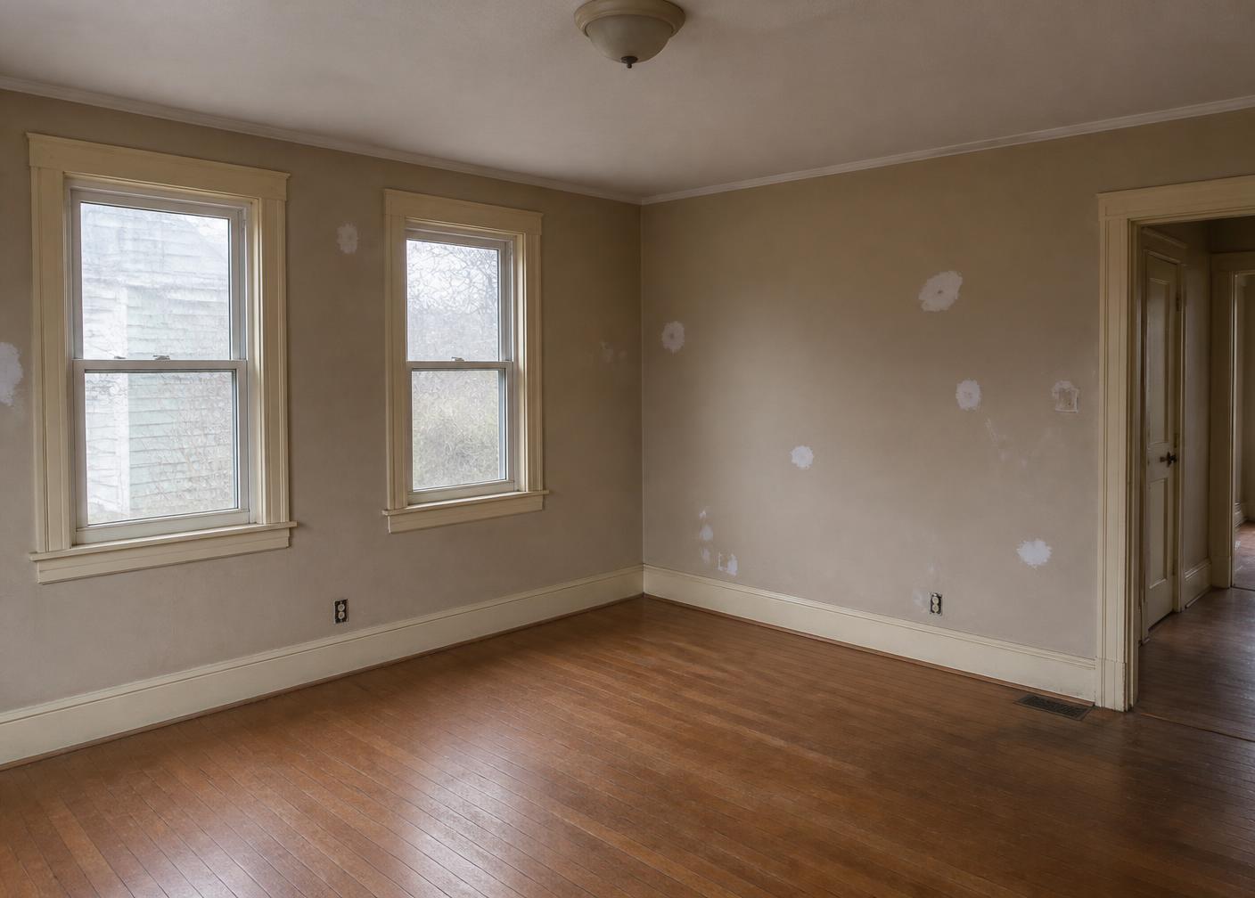 Living room before painting with dated, scuffed walls