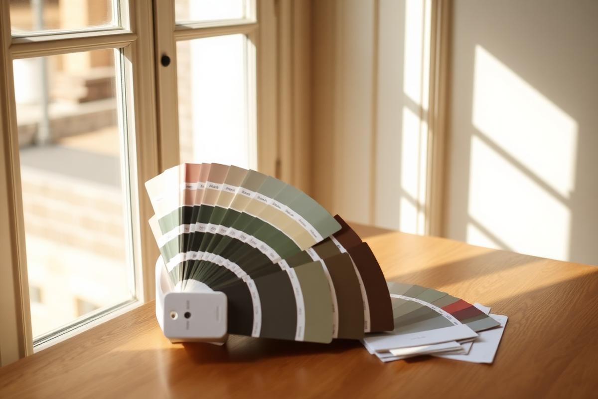 Paint fan deck and sample cards on a wood table beside a window
