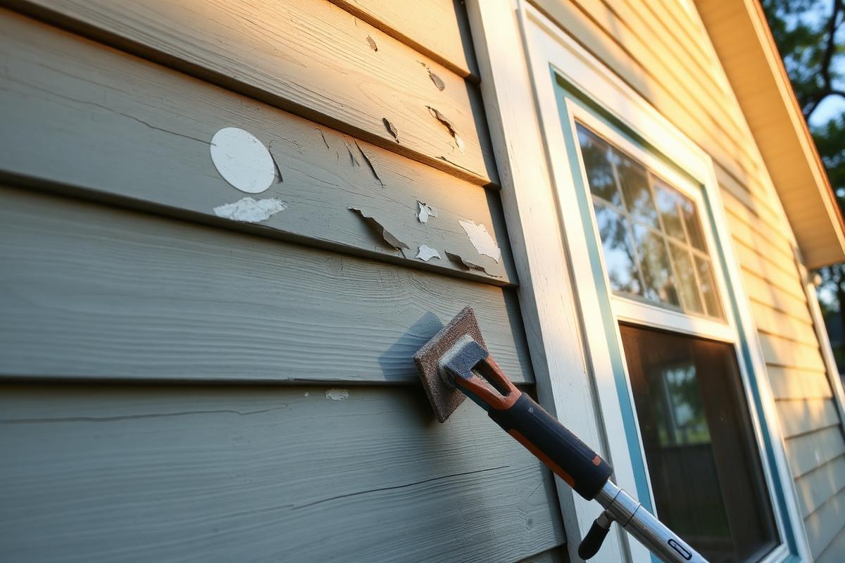 Weathered exterior siding being sanded and prepped for repainting