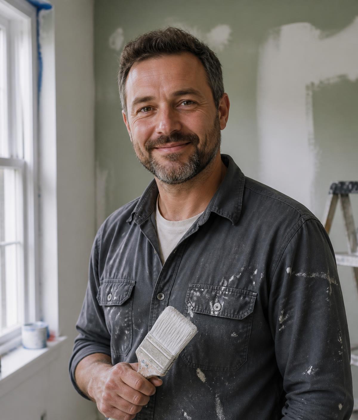 Portrait of a painter in work clothes standing in a partly painted room