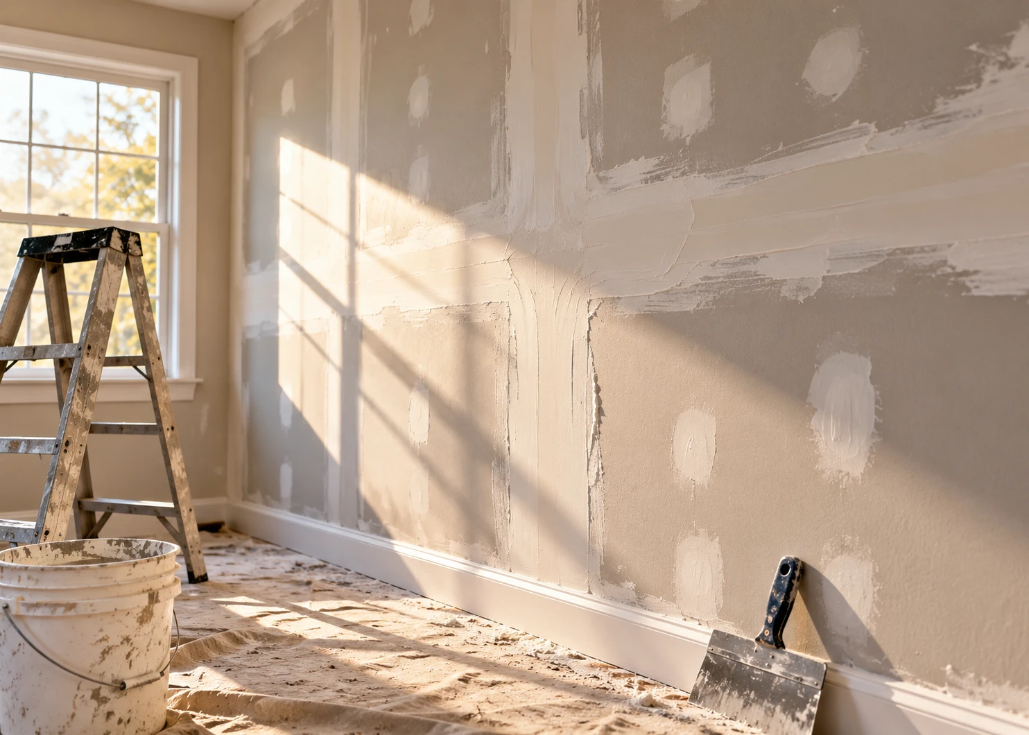 Interior wall mid-prep: taped and mudded seams, spot-primed patches drying, a taping knife and a compound bucket on the dust sheet