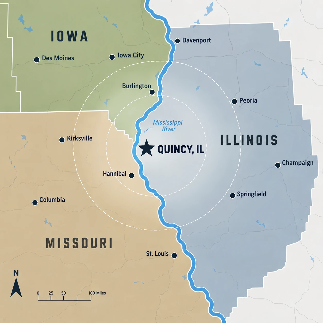 Map of the Tri-State area centered on Quincy, Illinois, showing the Mississippi River and the surrounding parts of Illinois, Missouri and Iowa, including Hannibal, Keokuk, Burlington, Macomb, Springfield, Peoria and Columbia.
