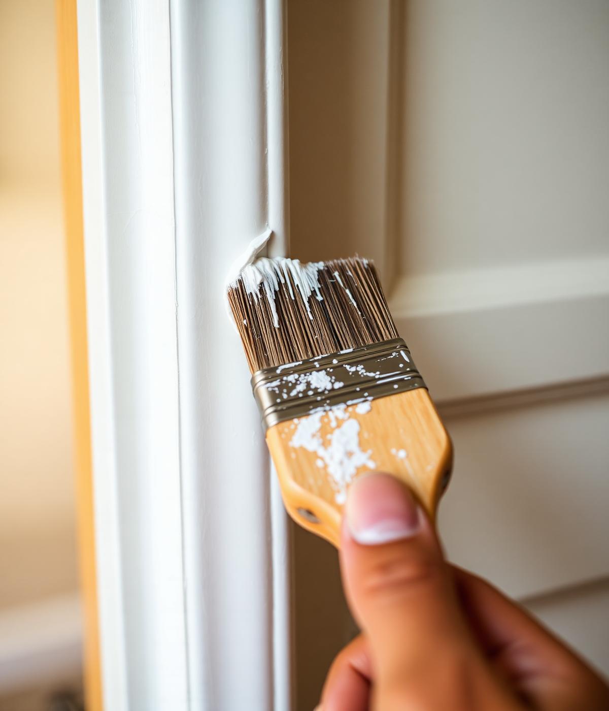 Brush laying a clean line of paint along door trim